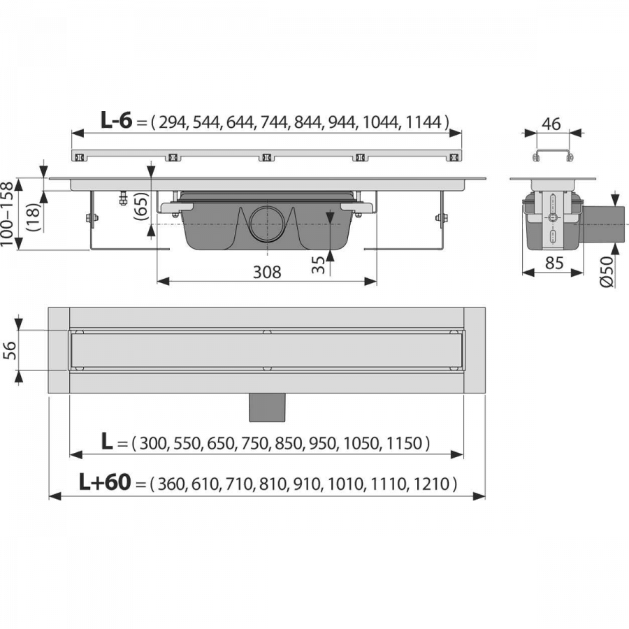Водоотводящий желоб без порогов с решеткой под кладку плитки, арт.APZ15-850 SMART